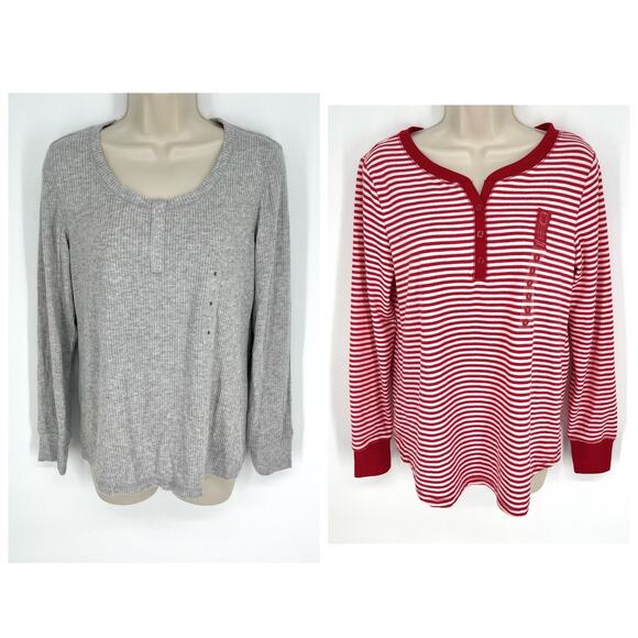 Charter Club NEW 2 Pc Bundle Sleep Shirts Long Sleeves Sz Small Gray Red White - Picture 1 of 10